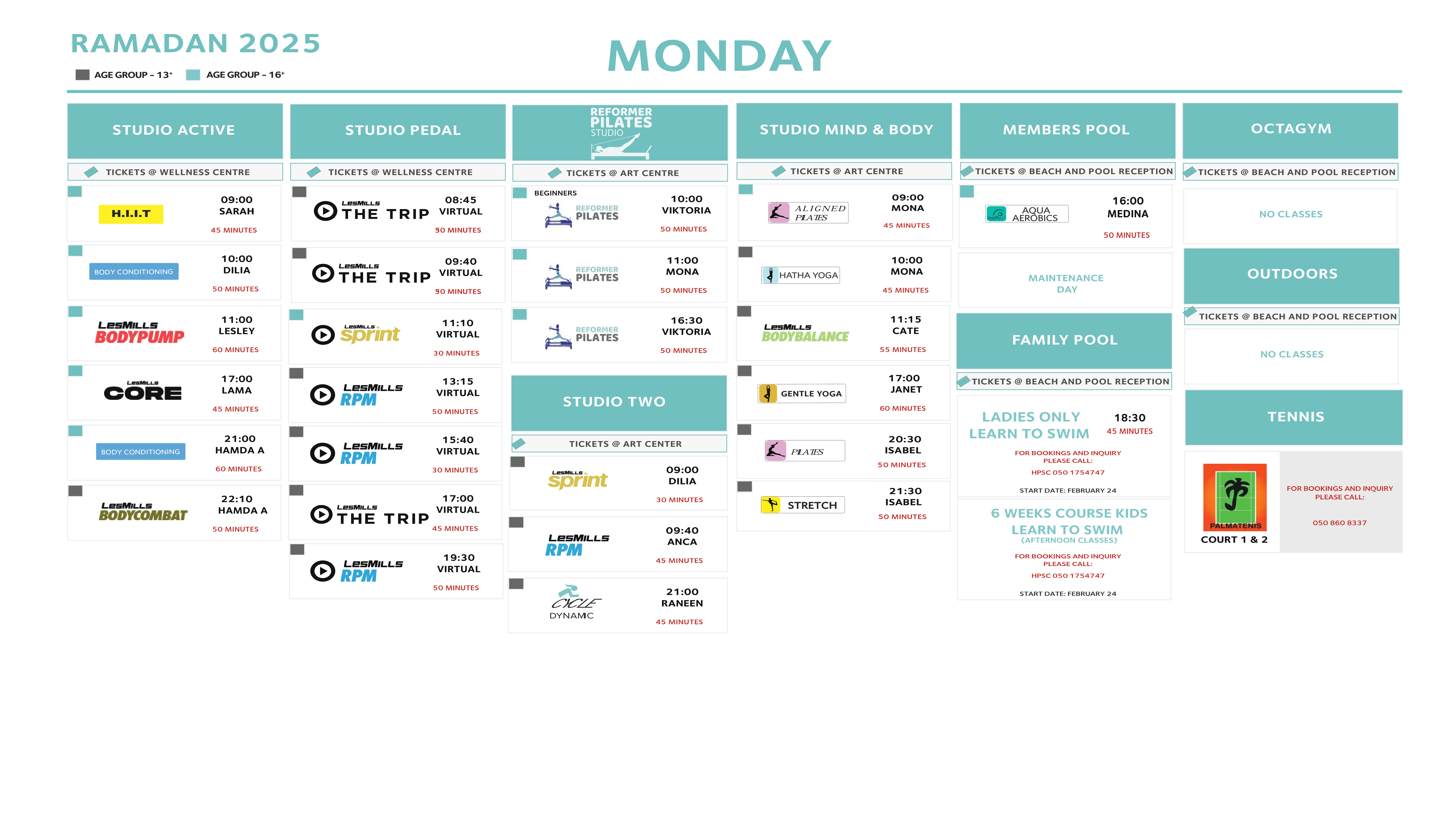 Dubai Ladies Club Group Fitness Schedule for Monday, March 2025.