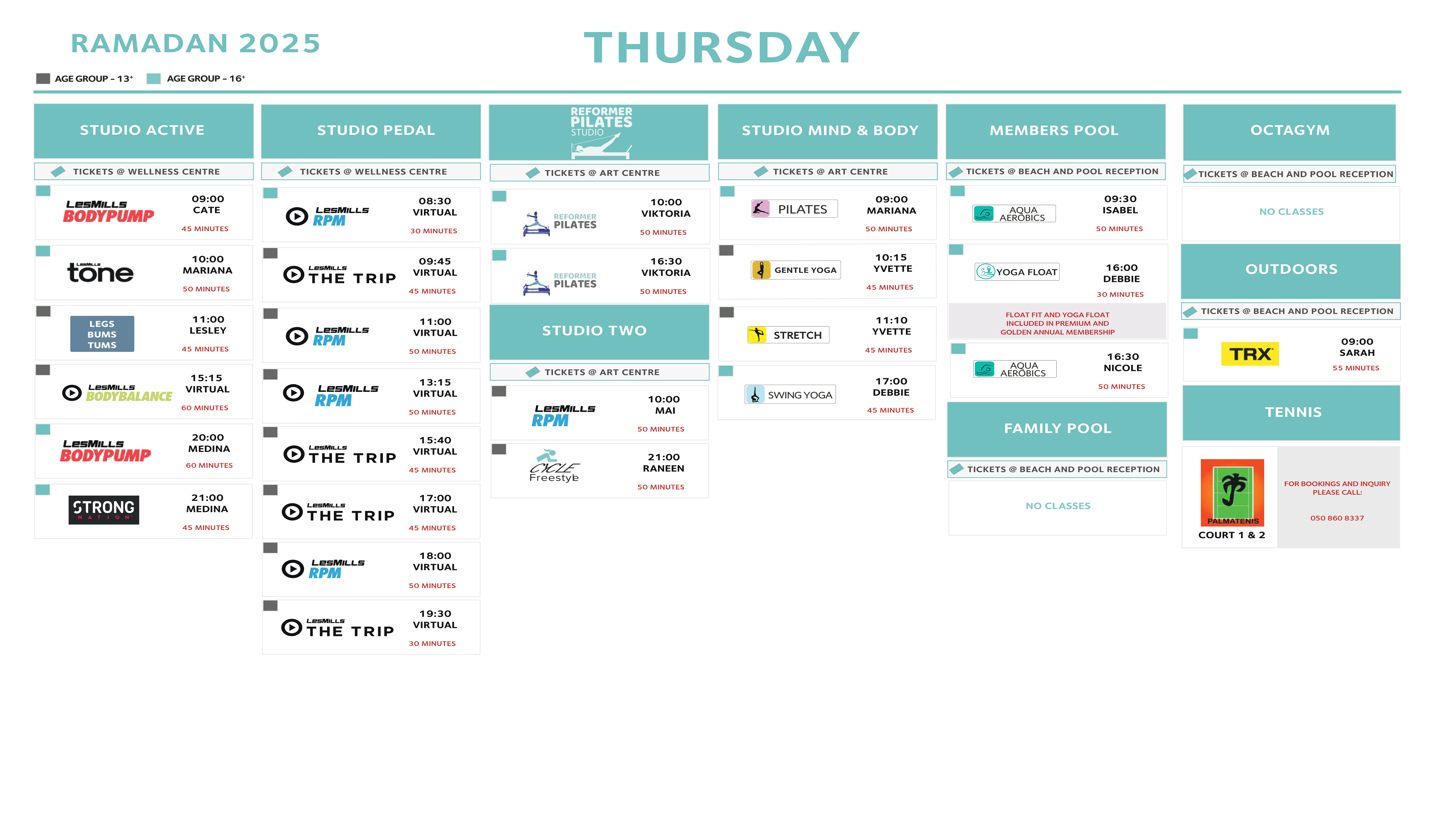 Dubai Ladies Club Group Fitness Schedule for Thursday, March 2025.