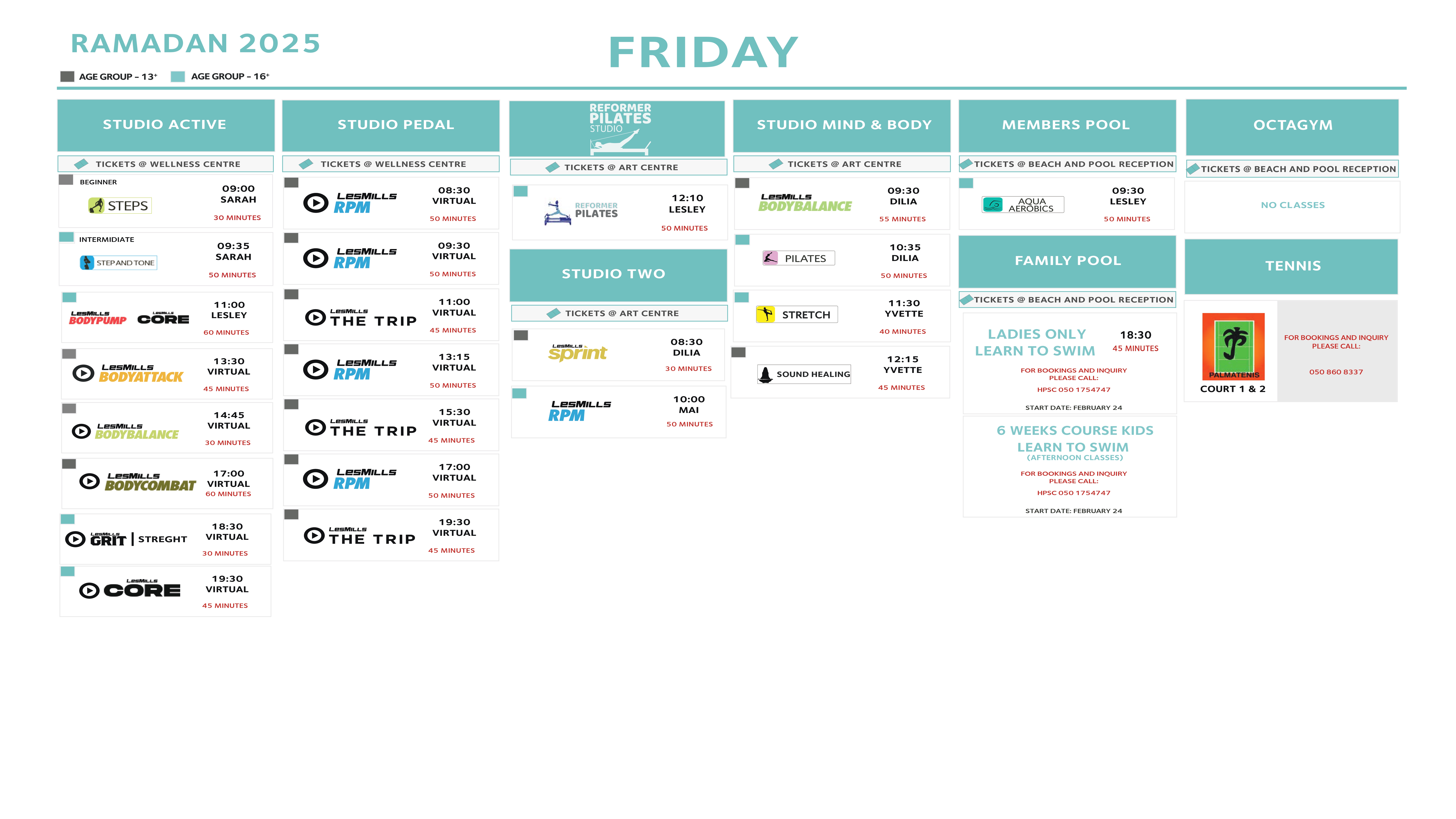 Dubai Ladies Club Group Fitness Schedule for Friday, March 2025.