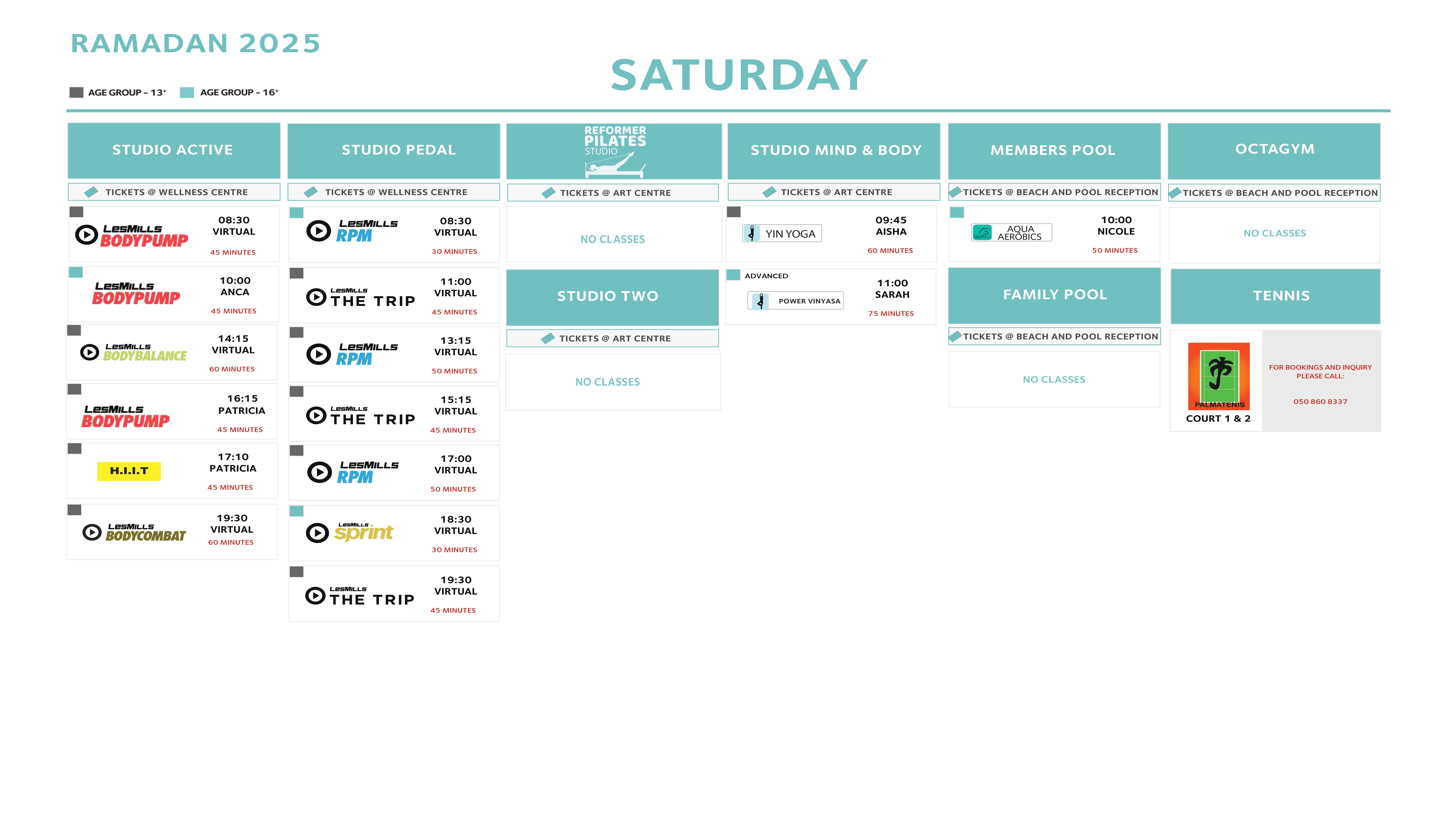 Dubai Ladies Club Group Fitness Schedule for Saturday, March 2025.