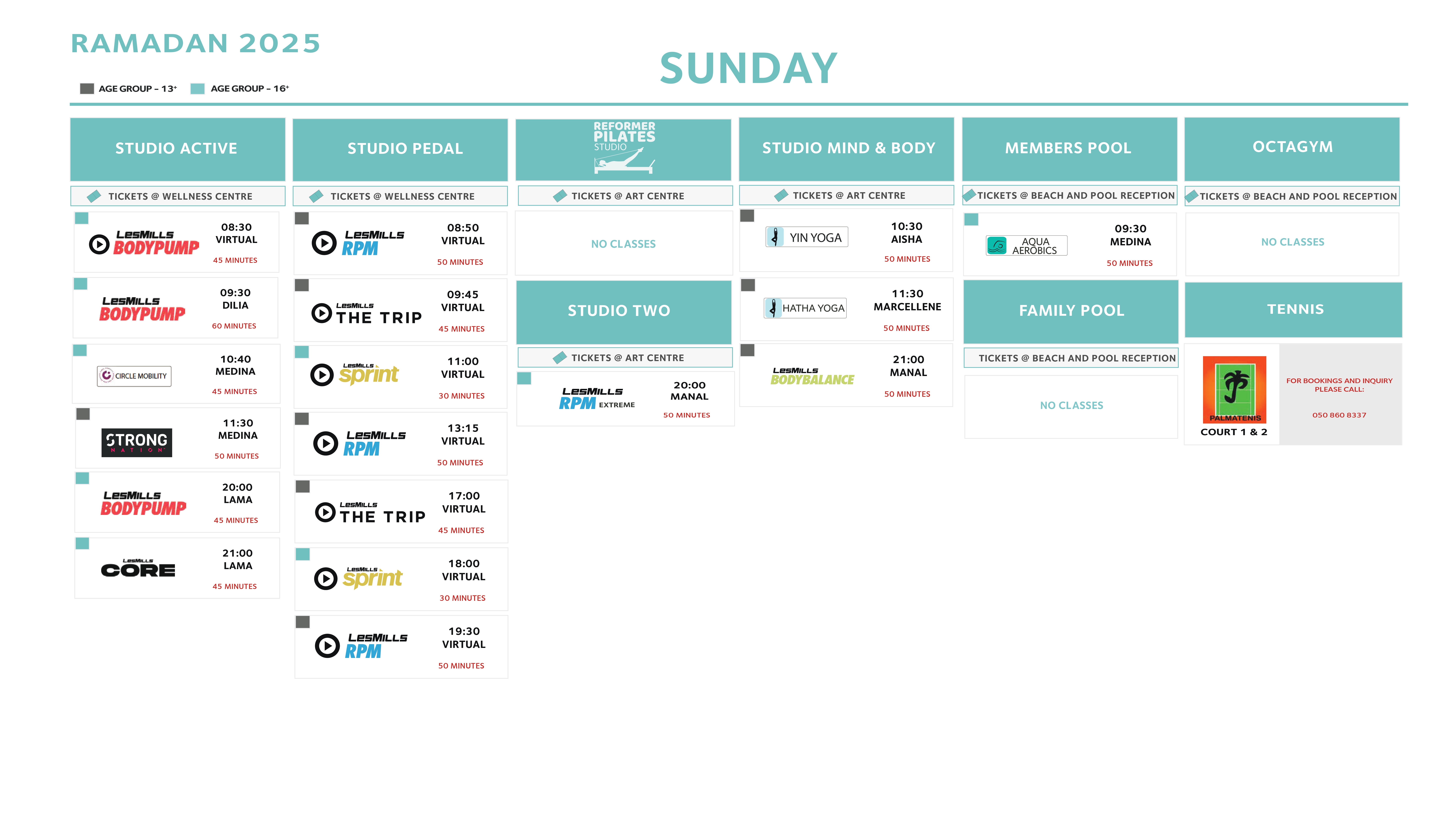 Dubai Ladies Club Group Fitness Schedule for Sunday, Sunday 2025.